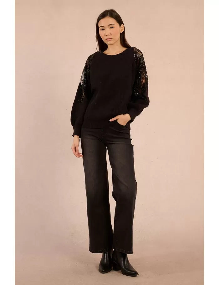 Open-Work Shoulder Sweater - Black - Molly Bracken