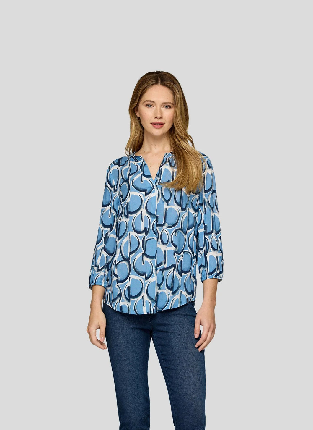 Blue Print Split Neck Blouse - Rabe