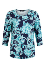 Load image into Gallery viewer, 6503 - Navy/Turquoise Print T-shirt - Sunday