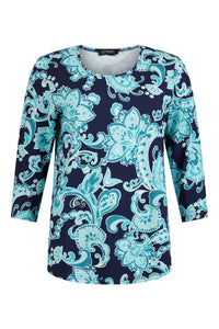 6503 - Navy/Turquoise Print T-shirt - Sunday