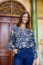Load image into Gallery viewer, 4542- Long Sleeve V Neck Pattern Blouse- Navy/White- Fransa
