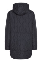 Load image into Gallery viewer, Black quilted jacket with a hood on a white background