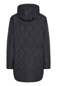 Black quilted jacket with a hood on a white background