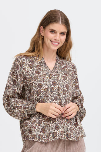 Printed Blouse with Collar - Cream and Red  -  Fransa
