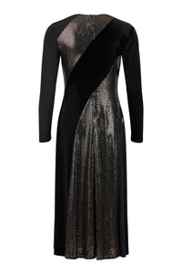 78835- Black Velvet & Gold Sequin Long Sleeve Dress- Tia