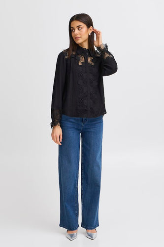 5029- Long Sleeve Detailed Shirt- Black- Fransa