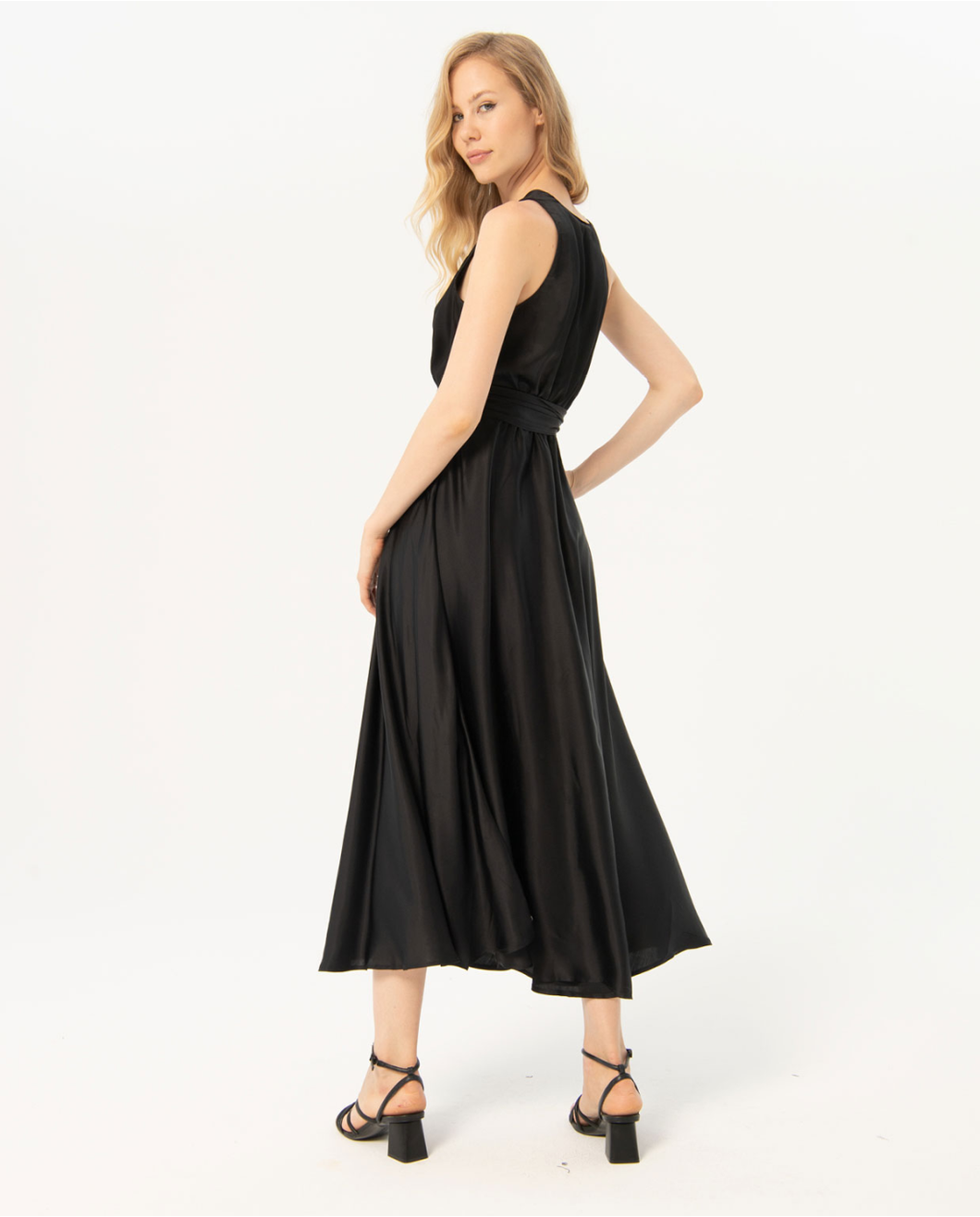724- V Neck Satin Sleeveless Midi Dress- Black- Surkana