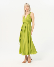 Load image into Gallery viewer, 724- V Neck Satin Sleeveless Midi Dress- Lime Green- Surkana