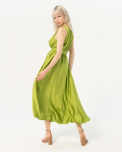 Load image into Gallery viewer, 724- V Neck Satin Sleeveless Midi Dress- Lime Green- Surkana