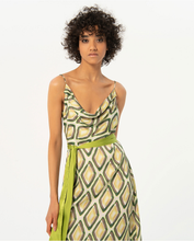 Load image into Gallery viewer, 724- Printed Dress w/ Draped Neckline- Lime Green Mix- Surkana