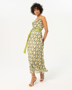 724- Printed Dress w/ Draped Neckline- Lime Green Mix- Surkana