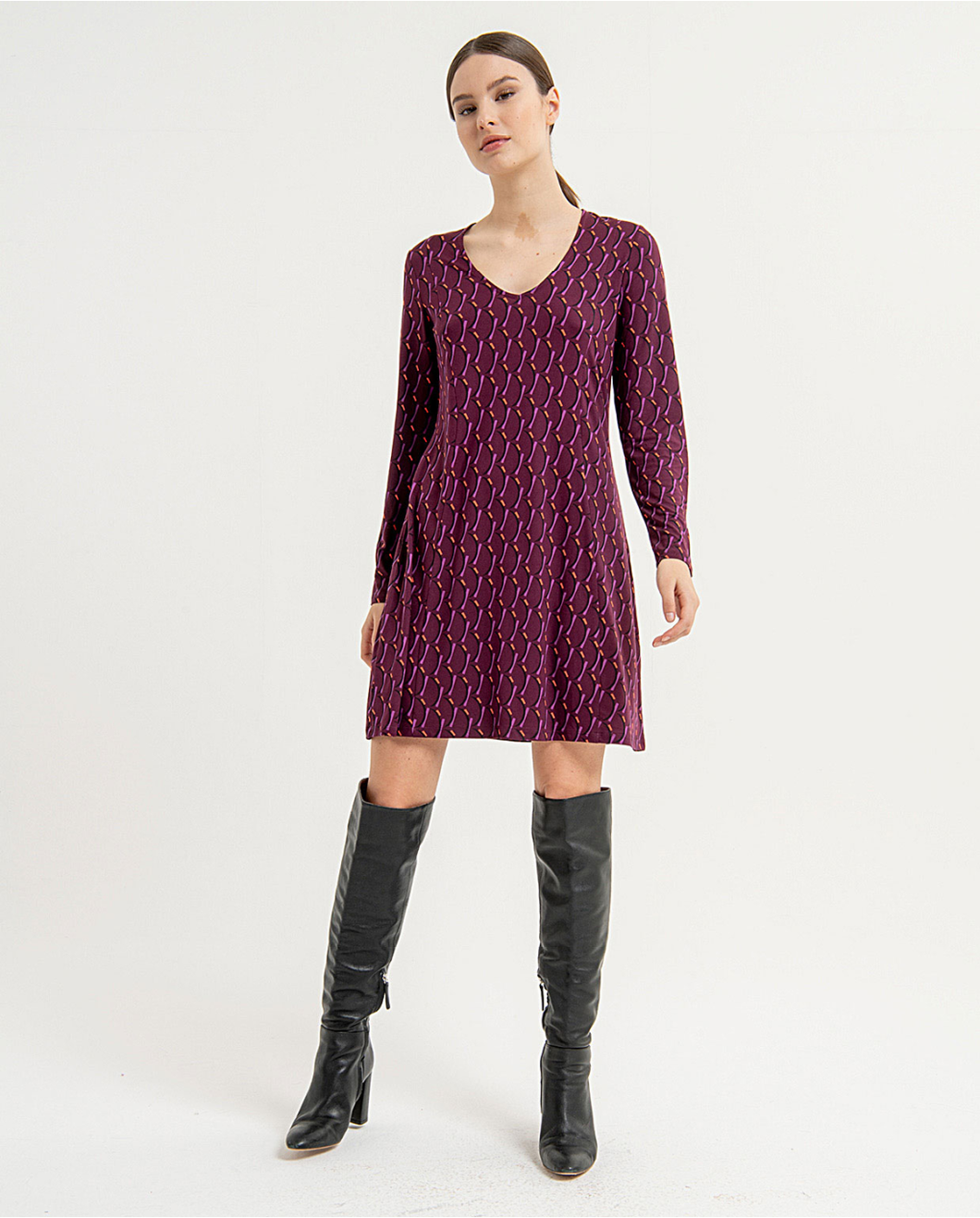 716- Long Sleeve VNeck Printed Dress- Purple- Surkana