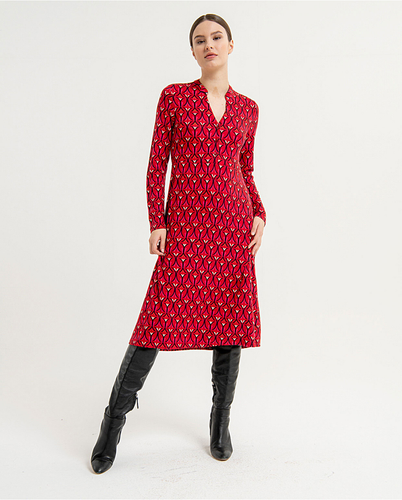 711- Long Sleeve Printed Midi Dress w/ Long Sleeves-Red-Surkana
