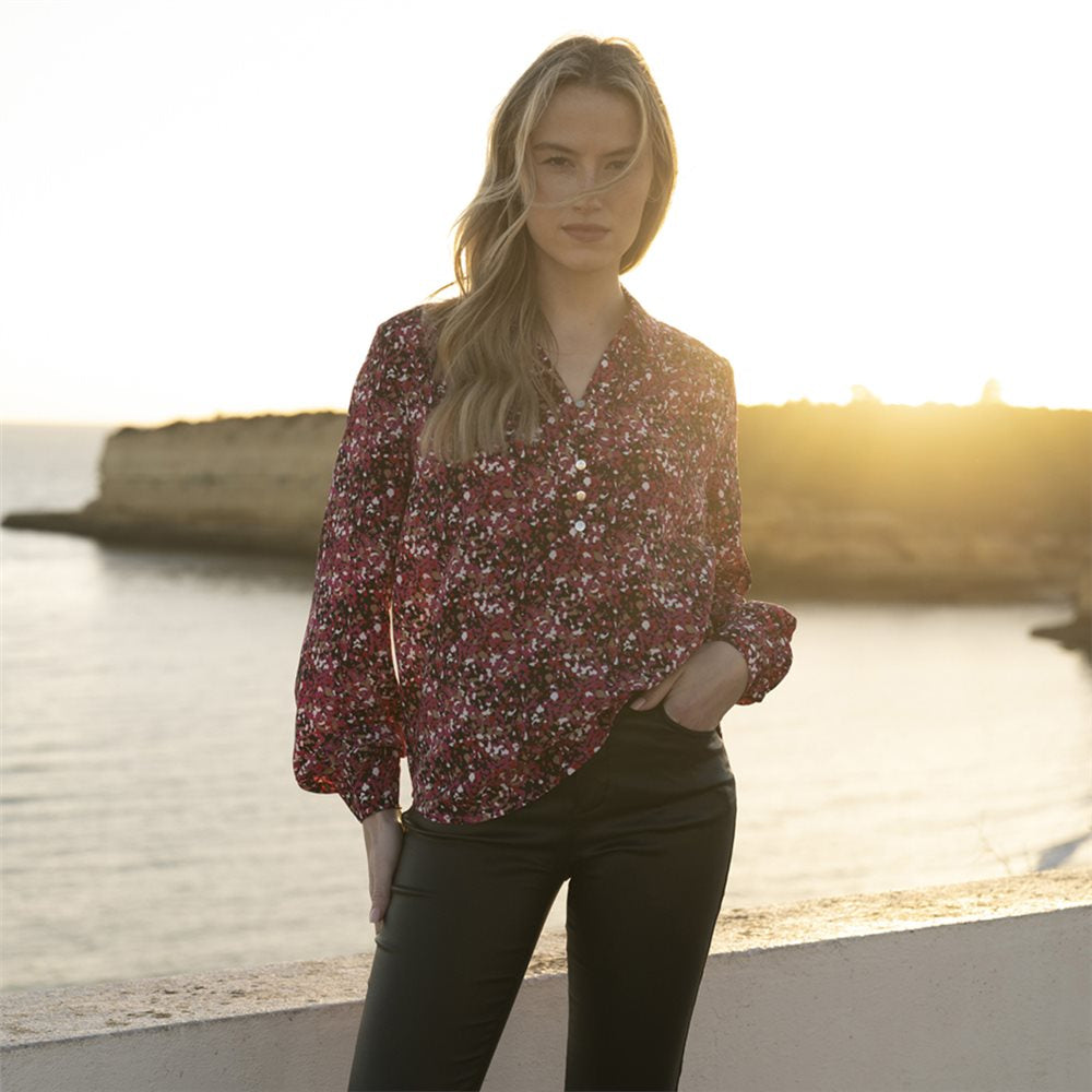 Long Sleeve Blouse with Buttons Abstract Print - Marble