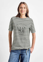 Load image into Gallery viewer, 321138- Fine Stripe TShirt w/ wording Print- Khaki- Cecil