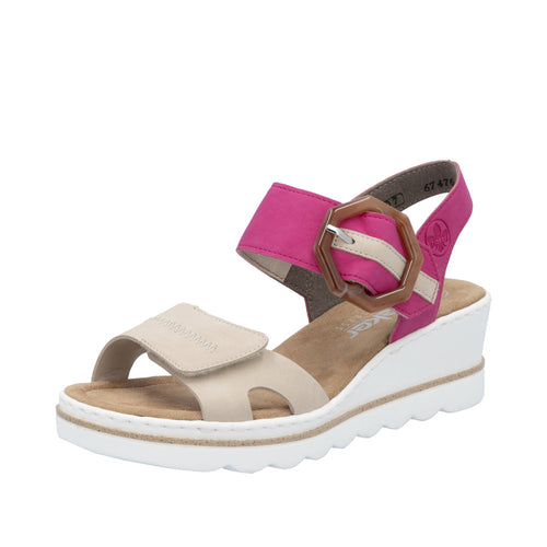 67476-31 - Pink and Cream Buckle Wedge Sandal - Rieker