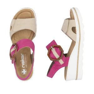 67476-31 - Pink and Cream Buckle Wedge Sandal - Rieker