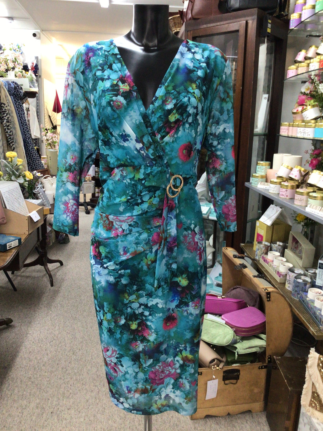 643- Garden Print  Buckle Dress- Via Veneto