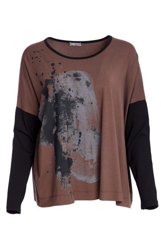 Placement Print Top with Contrast Binding Sleeves ( Black & Cocoa ) - Naya