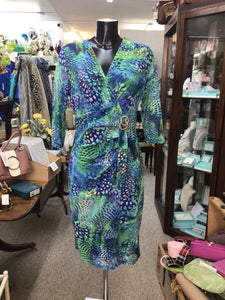 618 - Green & Blue Print Buckle Dress- Via Veneto