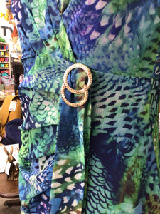618 - Green & Blue Print Buckle Dress- Via Veneto