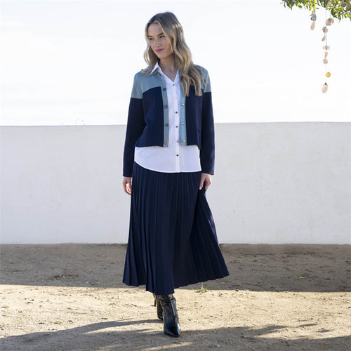 Knitted A-Line Pleated Midi Skirt With Elasticated Waistband Navy - Marble