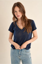 Load image into Gallery viewer, Navy Blue Knitted T shirt with Gold Detail  - Molly Bracken