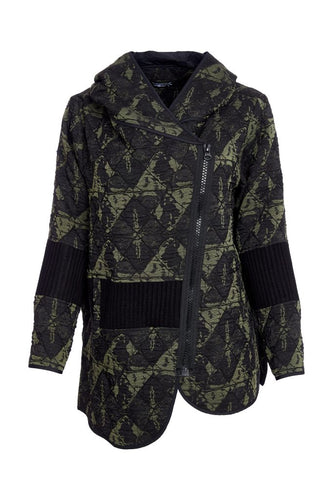 Jacquard Print Jacket with Angled Zip & Ribbed Panels - Naya