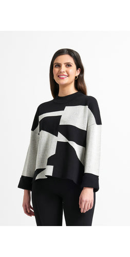 7211- Crew Neck Abstract Print Knit Jumper-Black/White-Foil