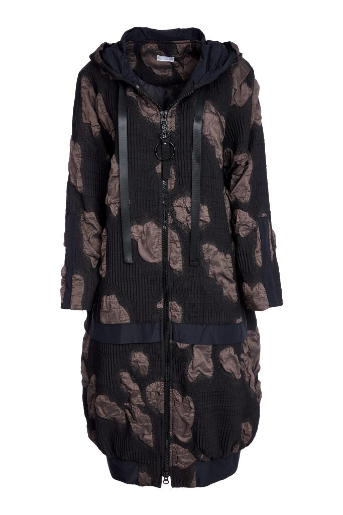 Jacquard Long Coat with Hood & Contrast Band - Naya