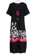 Load image into Gallery viewer, Black&amp;Hot Pink Round Neck Dress With Print Panels And Colour Band - Ora