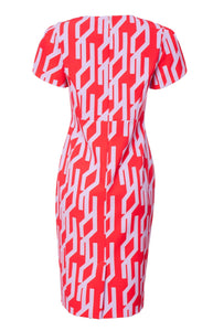 24137- Kate Cooper Print Dress with cross over sleeve- Chilli