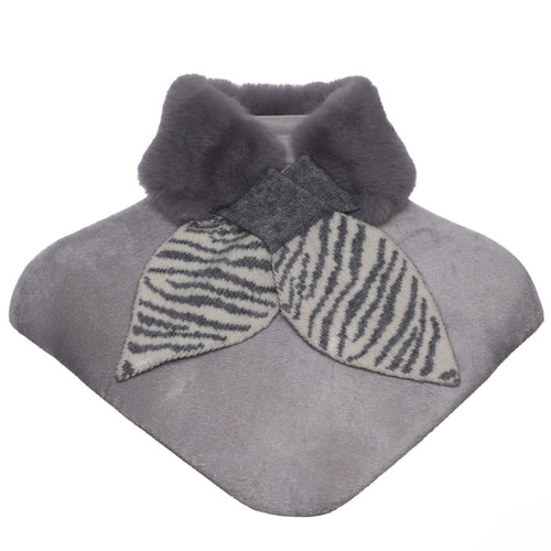 1040812- Grey Animal Print Knitted Faux Fur Collar  - Zelly