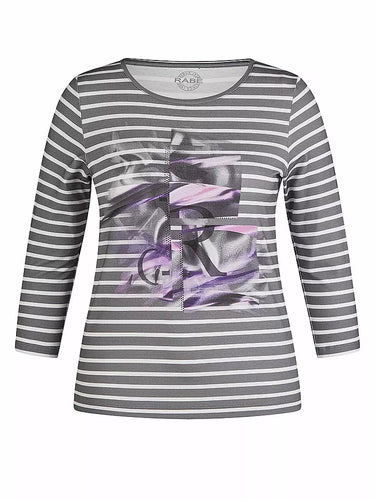 122353- Round Neck 3/4 Length Sleeve Striped T-shirt- Rabe