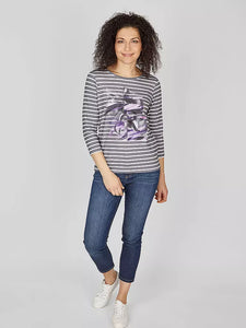 122353- Round Neck 3/4 Length Sleeve Striped T-shirt- Rabe