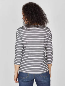 122353- Round Neck 3/4 Length Sleeve Striped T-shirt- Rabe