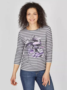 122353- Round Neck 3/4 Length Sleeve Striped T-shirt- Rabe