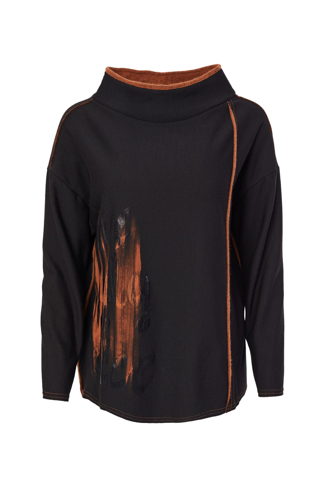 211- Naya Placement Print top with Raw Seams- Black & Spice