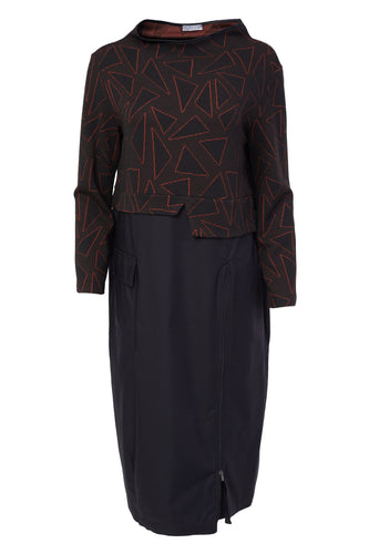 215- Naya Embossed Print Dress w/ contrast skirt- Black & Spice