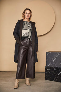 24198 - Hooded coat print section @ zip/cuff- Choc & Black- Naya