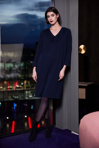 Frill V-Neck Cocktail Dress - Navy - Peruzzi