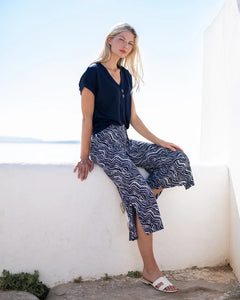 7407- Print Culotte Trousers-Navy- Marble
