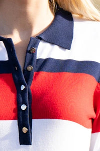 7302- 3/4 Sleeve Stripe Polo-Navy/Red- Marble