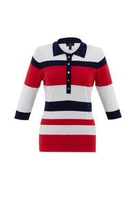 7302- 3/4 Sleeve Stripe Polo-Navy/Red- Marble