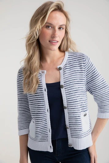 7875 - Striped Button-Down Cardigan - White - Marble