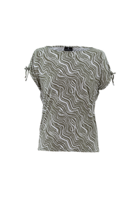 7423- Print Top with Draw Tie Detail-Khaki- Marble