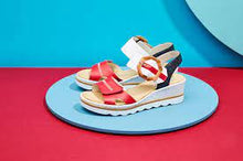 Load image into Gallery viewer, 67476- Navy, White &amp; Red Buckle Wedge Sandal- Rieker