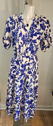 12122- Blue Floral Print Dress - Charlior