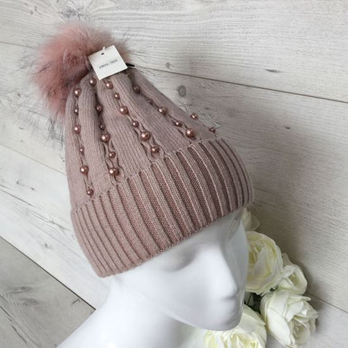 303 -Pearl PomPom Hat-Pink