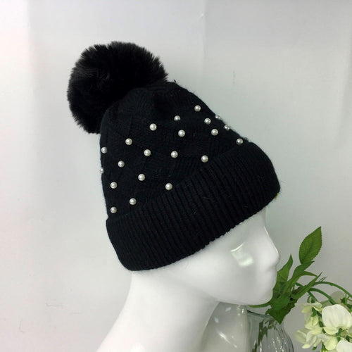 033-PomPom Pearl Hat-Black